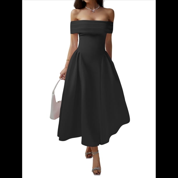 Vestido de Noche de Cóctel con Hombros Descubiertos y Cremallera para Mujer Negro L