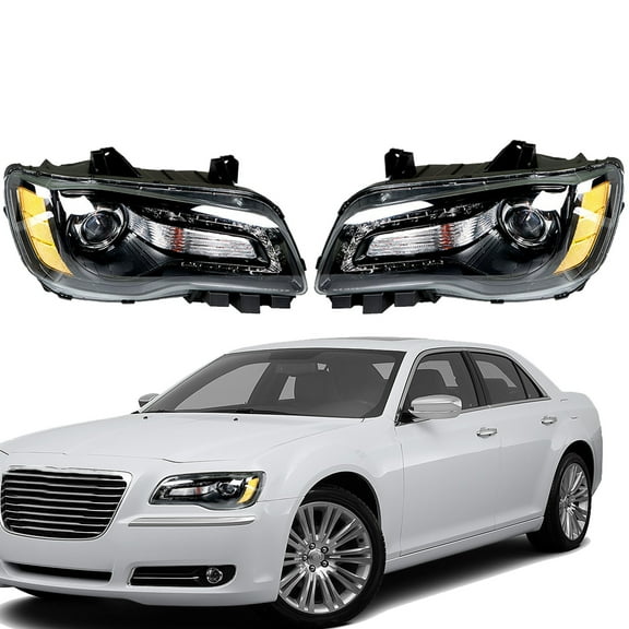 Genrics Replacement for 2011-2014 Chrysler 300 Halogen Factory Style LED DRL Black Headlights Headlamps Driver   Passenger Side