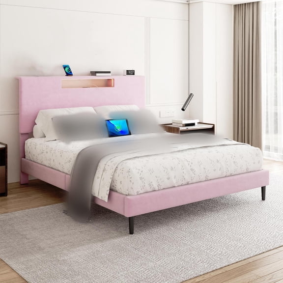 Queen Bed Frame with Headboard, Pink Queen Size Bed Frame with LED Light, Upholstered Bed Frame with Charging Station and Remote Control, Wood Bed Frame with Wood Slat Support