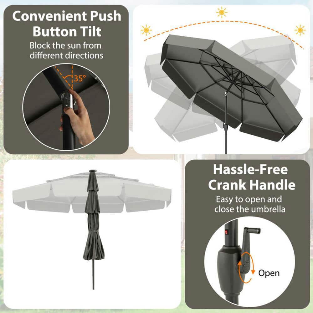 Spaco 10 Feet Solar Patio Umbrella with 3-Tier Vented Top, Outdoor Shade, Gray