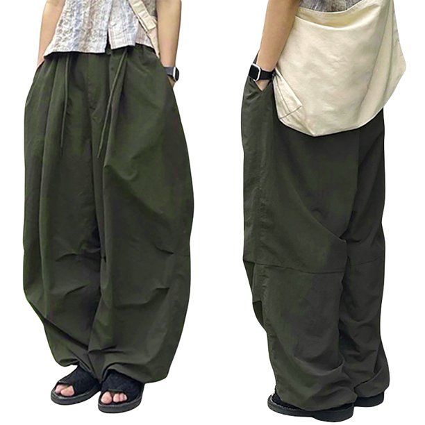 TRKIYQC Pantalones cargo con cordón para mujer, pantalones rectos largos casuales con bolsillos de cintura baja sueltos verdes TRKIYQC moda