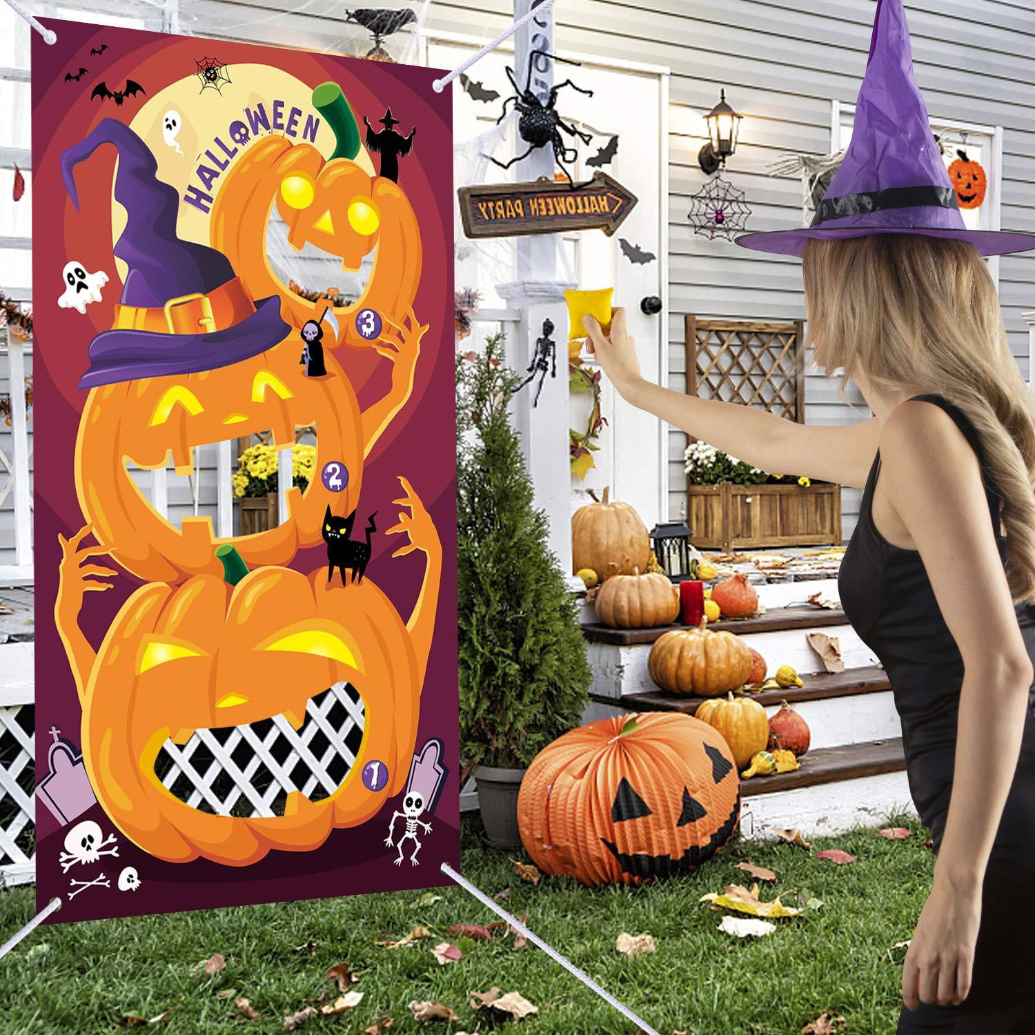 Witch Game Banner Witch Toss Games with 3 Bean Bag Witch Birthday Party Supplies Fun Witch Game for Kids and Adults in Halloween Party Halloween Party Decoration Supplies 