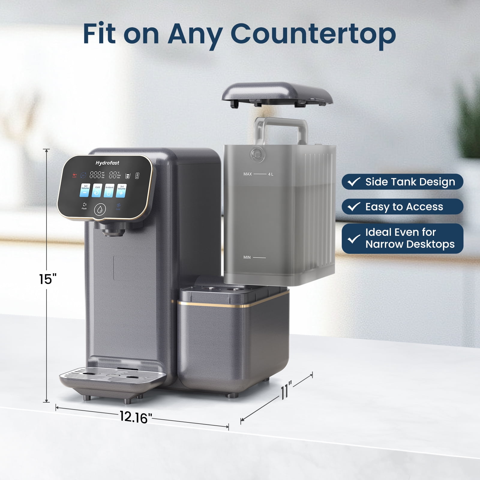 Hydrofast C100 Countertop RO Water Purifier, Home Water Purifier, Chilled (50°F) & Room Temp Water, 6-Stage Filtration, No Installation, Gray