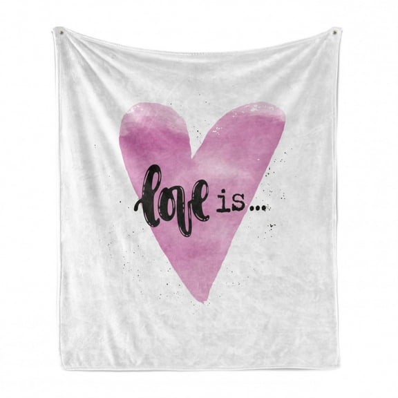 Romantic Soft Flannel Fleece Throw Blanket, Love is Phrase Watercolor Style Pastel Heart Valentines Birthday, Cozy Plush for Indoor and Outdoor Use, 50" x 60", Fuchsia Black and White, by Ambesonne
