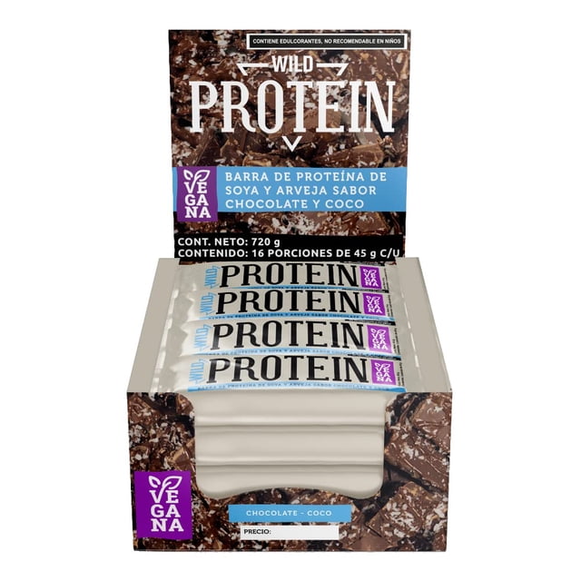 Wild Protein | Barras altas en proteína | Vegana | Sabor chocolate coco | Pack de 16 unidades | 14 g de proteína | Sin azúcares ni grasa añadida | 45 g cada