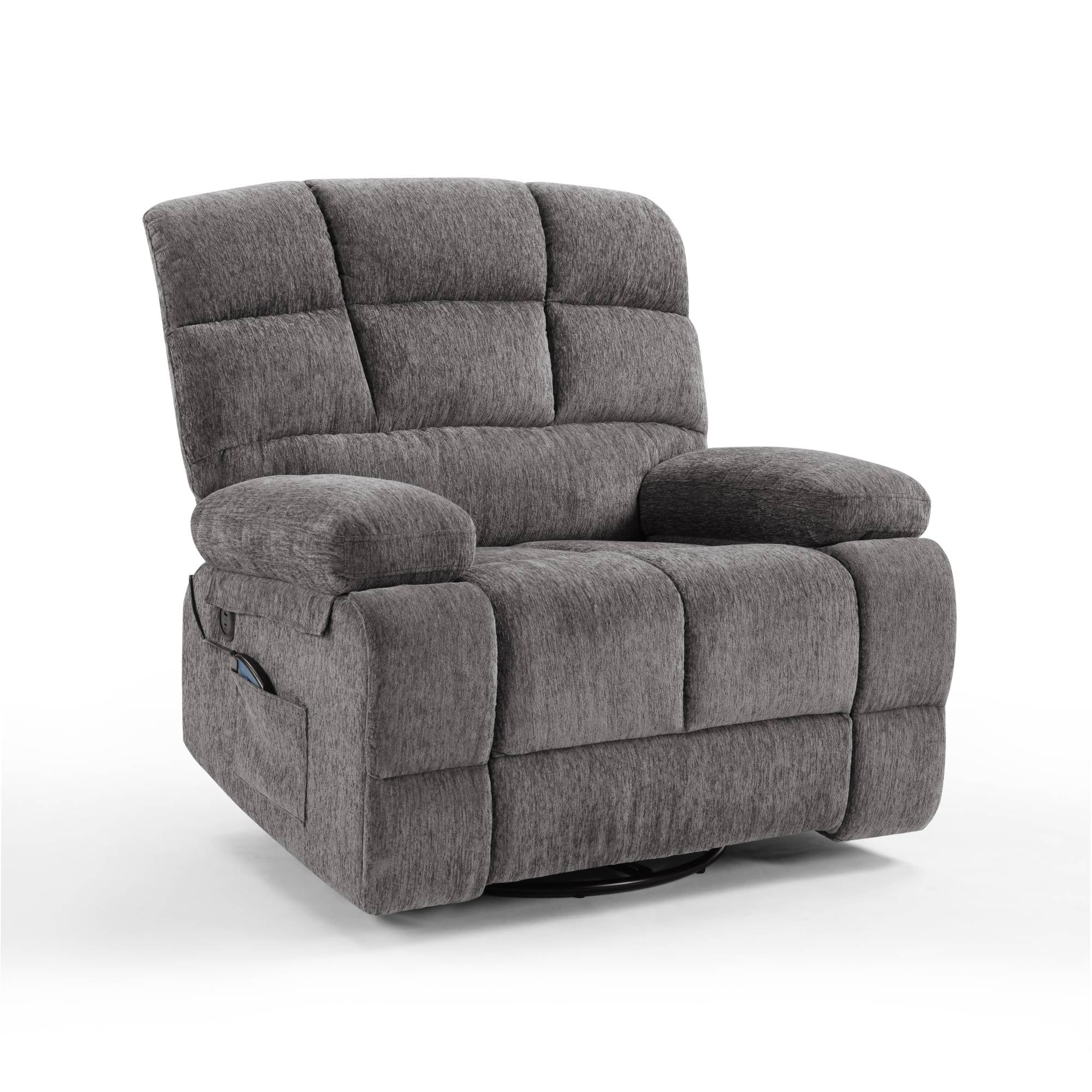 FitStand Swivel Rocker Recliner Chair with USB Port, Heat and Massage, 24.4" Wide Seat Chenille Oversized Recliner, Gray