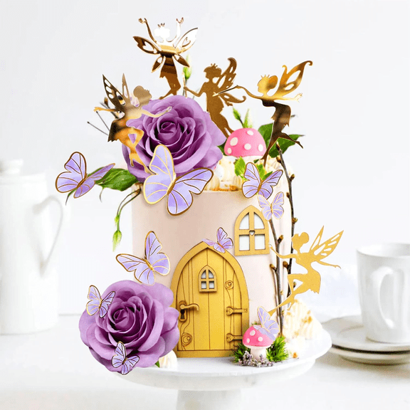 Fairy Forest Theme Cake Decoration Set - Magical Cottage Scene with Flying Fairies, Purple Roses & Butterflies for Enchanting Party Decor