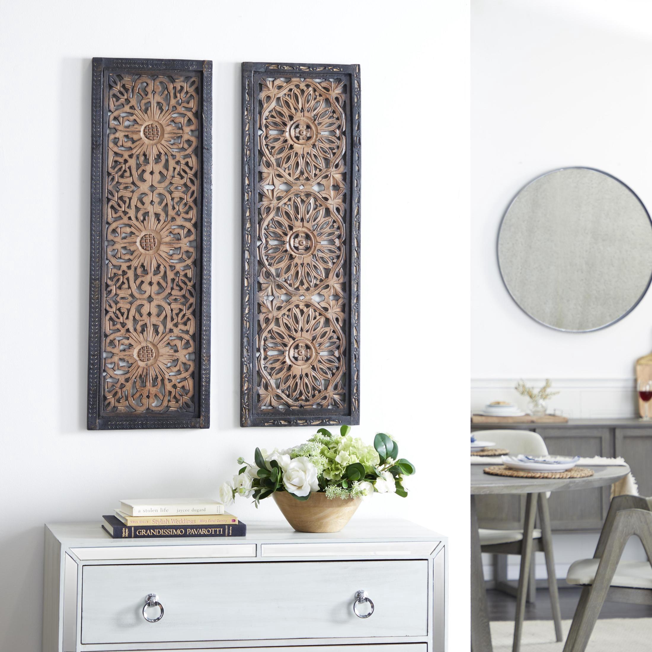 DecMode Brown Wood Handmade Intricately Carved Floral Wall Decor (2 Count)