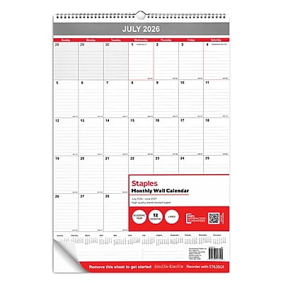 2026-2027 Staples 15.5" x 22.75" Academic Monthly Wall Calendar, White/Red/Gray (ST63501-27)