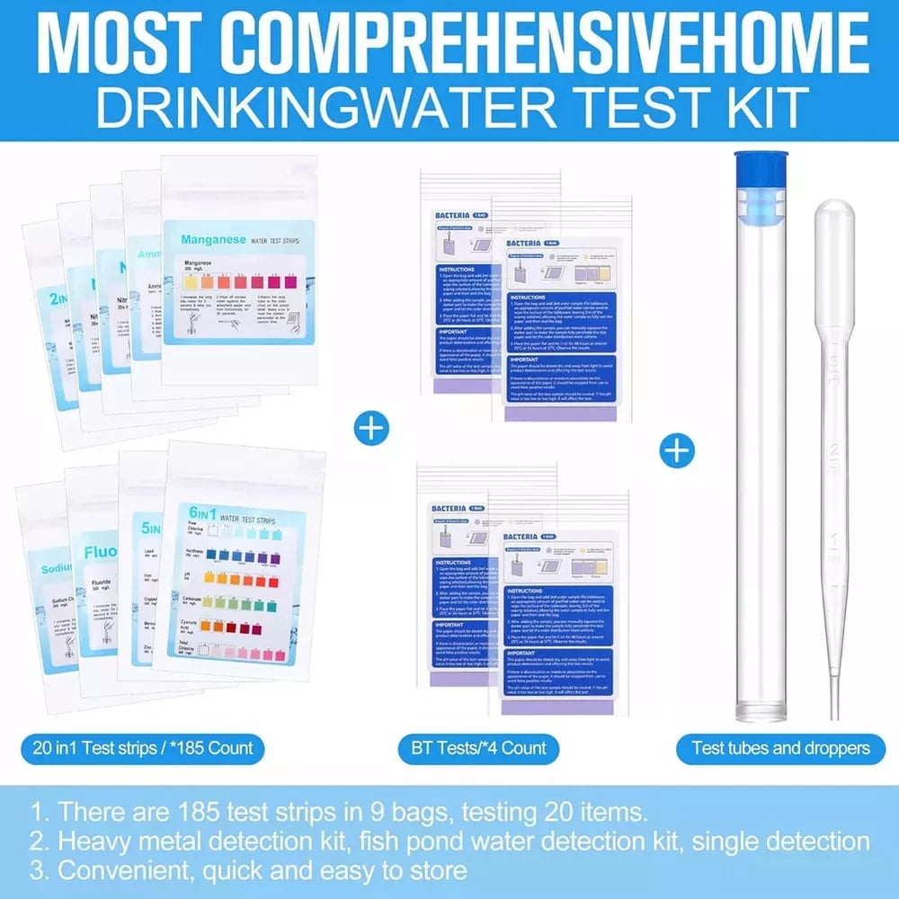 LC-dolida 20 in 1 Water Test Kit - 133 Strips + 2 Bacteria Tests - Home Water Quality Test Strips for pH, Hardness, Chlorine, Lead, Iron, Copper, Nitrate, Nitrite, and More