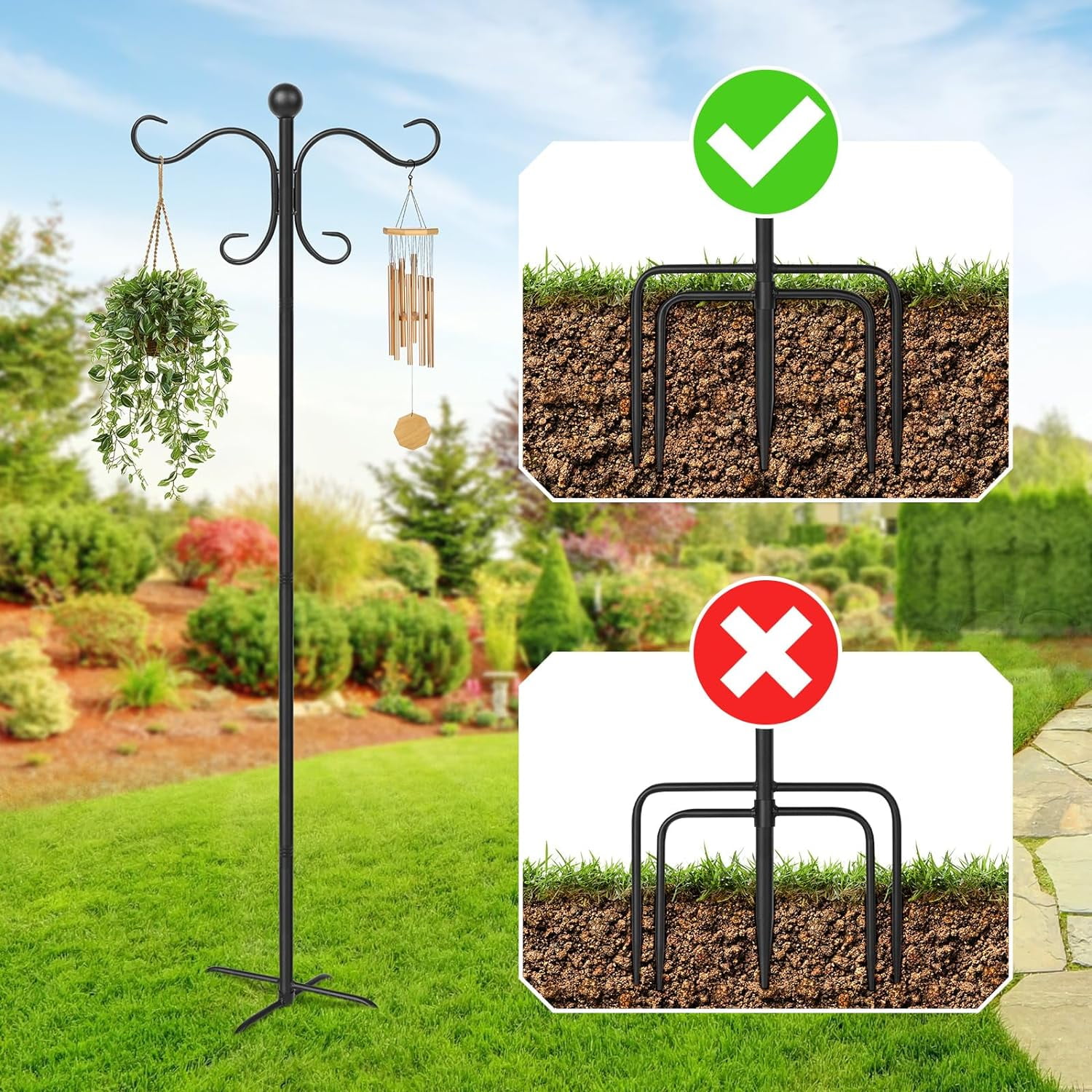 76 Inch Adjustable Double Shepherds Hooks for Outdoor Heavy Duty, Two Sided Garden Bird Feeder Pole for Hanging Plant Baskets, Solar Lights, Weddings Decor