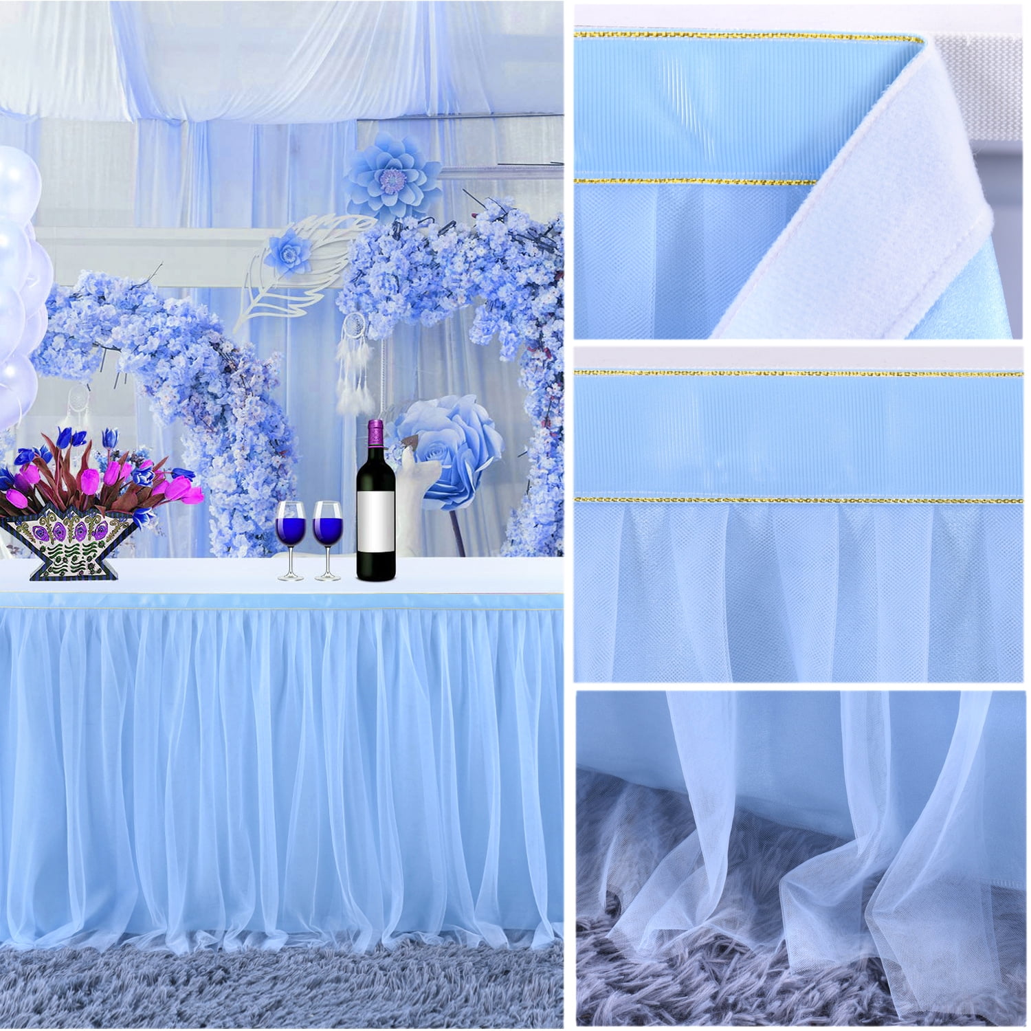 HBBMagic Blue 6ft Tulle Table Skirt LED Table Skirt Tutu Table Skirting for Rectangle or Round Table for Baby Shower Wedding and Birthday Party Decoration 