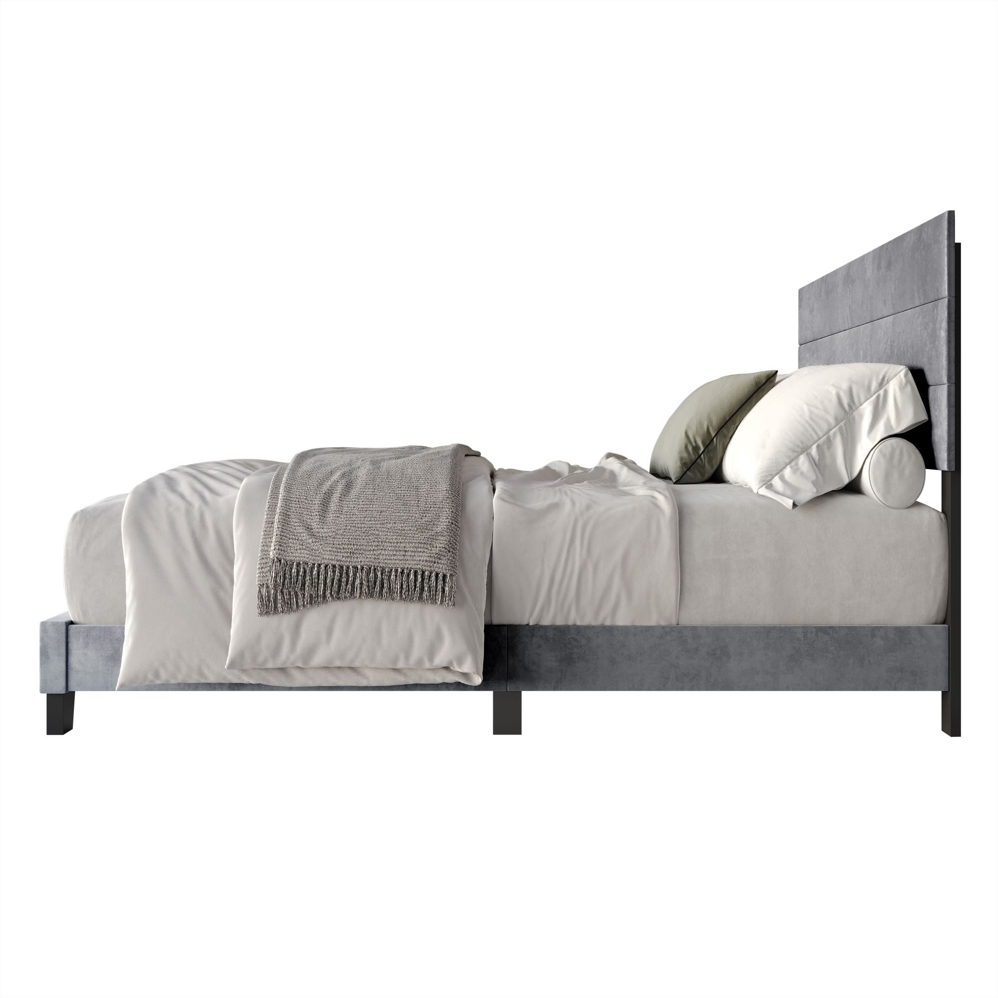 Home Design Vallejo King Velvet Upholstered Panel Bed Frame For Adult, Box Spring Required, Silver Gray