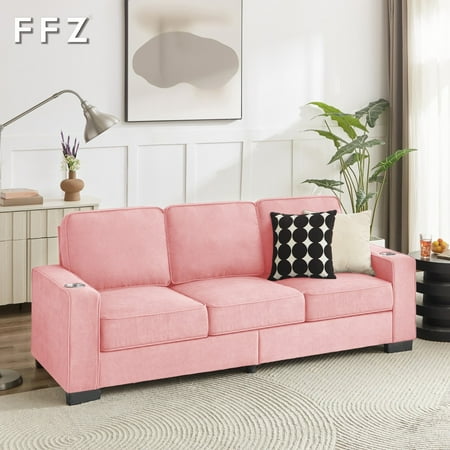 FFZ 84.25” Corduroy 3-Seater Sofa – Modern Couch with Dual Armrest Cup Holders