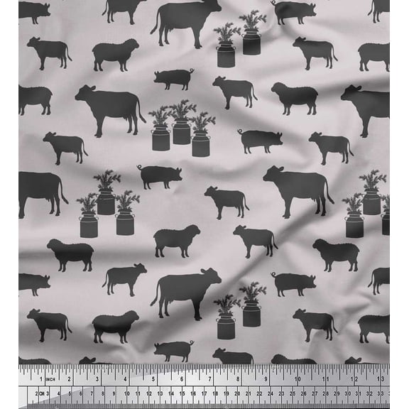 Soimoi Gray Rayon Fabric Stencil Cow & Pig Animal Print Fabric by Yard 56 Inch Wide