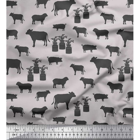 Soimoi Gray Japan Crepe Satin Fabric Stencil Cow & Pig Animal Printed Fabric 1 Yard 42 Inch Wide