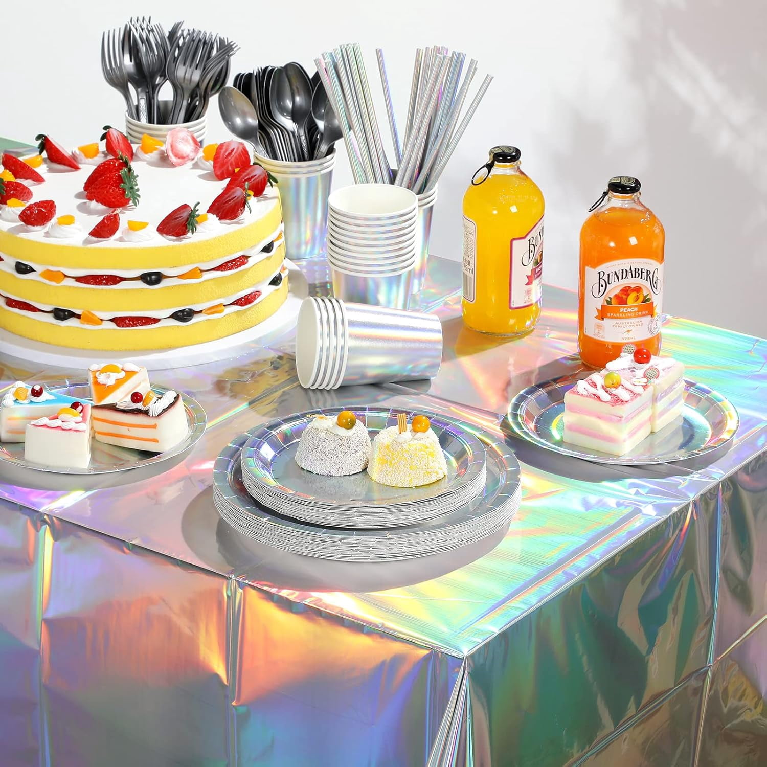 141 Iridescent Party Supplies Decorations, Holographic Paper Plates and Napkins Set, Disposable Tablecloth Set for Mermaid Disco Birthday Wedding Anniversary Party