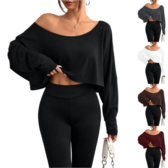 Womens Off The Shoulder Cropped Tops Batwing Long Sleeve Loose Fit Summer Boat Neck Workout T Shirts Black M