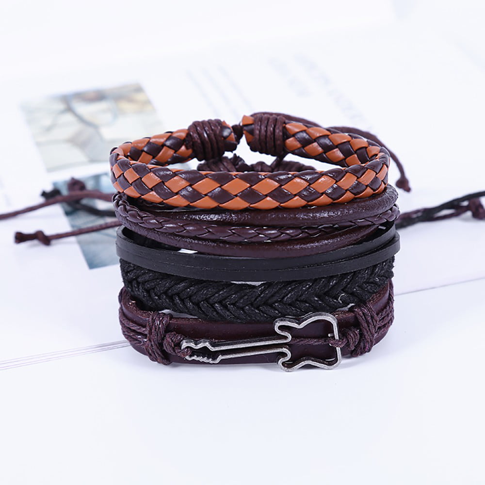 Unisex Cowhide Leather Waxed Cotton Cord Wrap Handmade Bracelet Wristband Surfer 