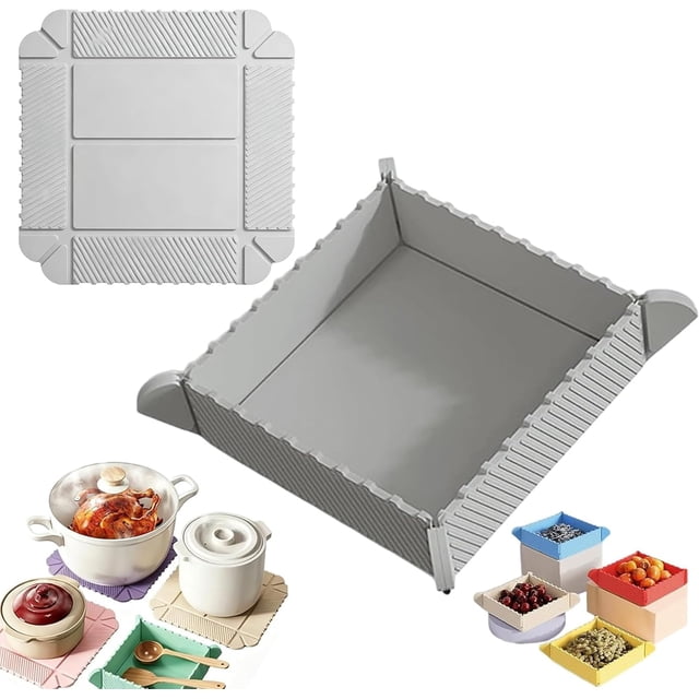2-in-1 Magnetic Silicone Mat & Foldable Serving Tray, Magnetic Foldable Silicone Plate,Waterproof, Easy to Clean, Silicones Mat & Serving Tray for Kitchen Counter Camping Parties Hiking (Gray)