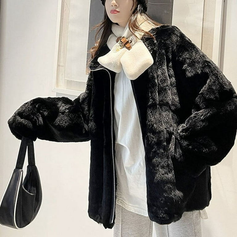 DanceeMangoo Luxury Faux Rabbit Fur Coat for Women Korean Chic Short Zipper Faux  Fur Jacket Ladies Winter Thick Warm Plush Jackets 