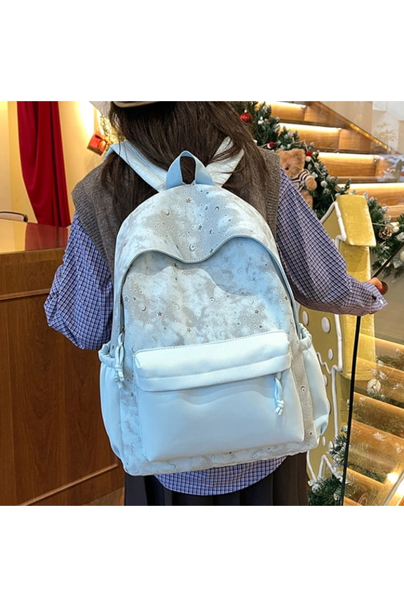Lightweight Foldable Backpack for Women, Sky Blue Star Moon Print Casual Daypack, Waterproof Lightweight Packable Backpack for Sch-ool Travel Hiking, Fits 15 Inch Laptop