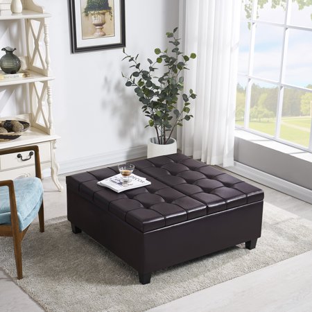 CoSoTower Large Square Faux Leather Storage Ottoman | Coffee Table For Living Room & Bedroom, Dark Brown