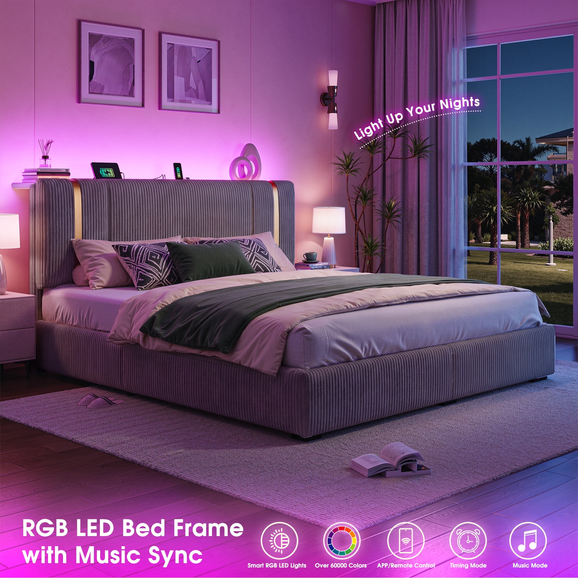 Upholstered Bed Frame with 6 Storage Drawers King Size Storage Bed Frame with LED Lights & Charge Station & Shelf & Adjustable Headboard,Grey