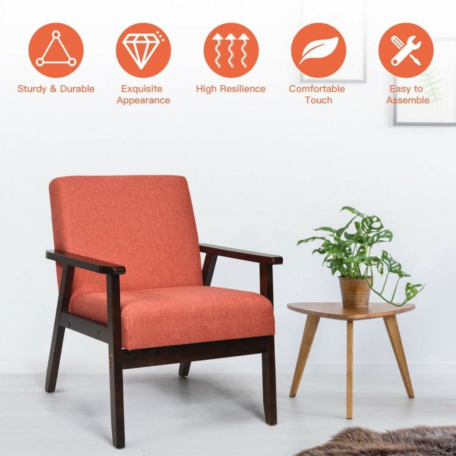 Finihen Mid-Century Modern Accent Chair, Retro Fabric Armchair, Solid Rubber Wood Fabric Accent Armchair, for Living Room, Orange