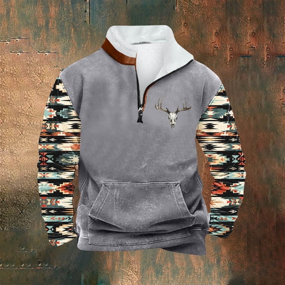 PNTUTB Men's Casual Retro Ethnic Print Fleece Stand-up Collar Quarter Zip Warm Pullover Sweatshirts with Pocket