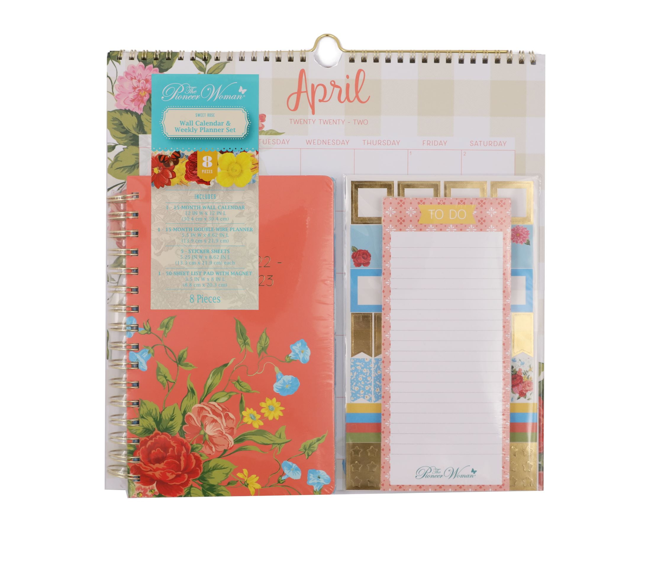 The Pioneer Woman Sweet Rose 8-Piece Wall Calendar & Weekly Planner Set