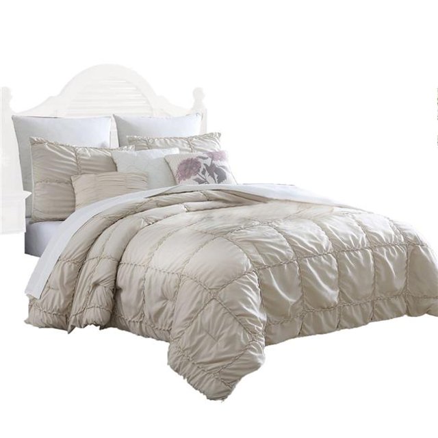 Benjara BM231782 Corfu Ruffle Design Queen Comforter Set, Beige - 8 Piece