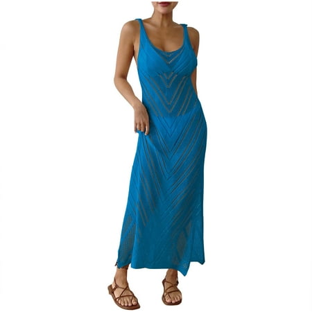 Dvprdro Womens Summer Tank Dress Fashion Solid Crew Neck Sleeveless Hollow Side Split Bikini Cover-Up Casual Loose Beach Sun Long Maxi Dress on Clearance
