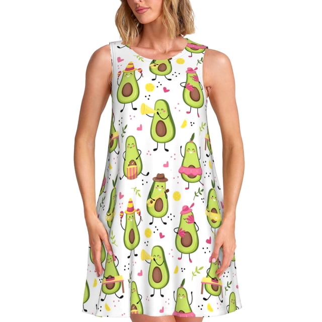Easygdp Avocado Playing Music para Vestido Transpirable de Mujer, Vestido Suelto de Manga Corta con Pliegues y Bolsillos para el Verano