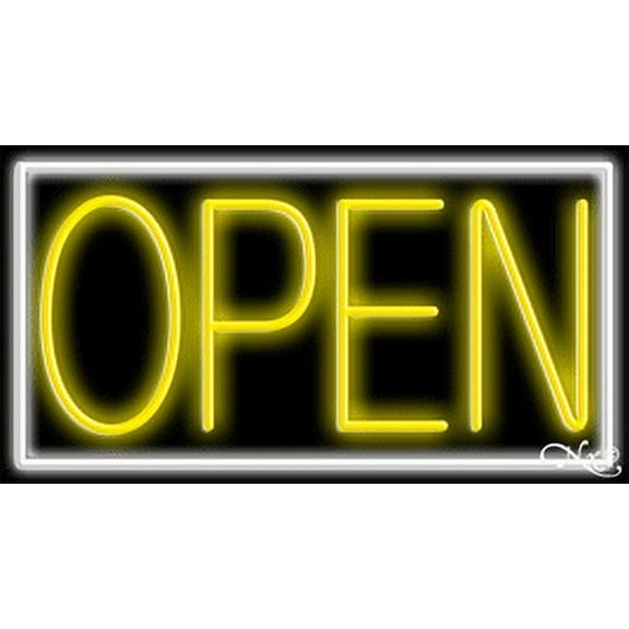 White Border With Yellow Open LED Neon Sign 13 x 24 - inches, Black Square Cut Acrylic Backing, with Dimmer - Bright and Premium built indoor LED Neon Sign for storefront.