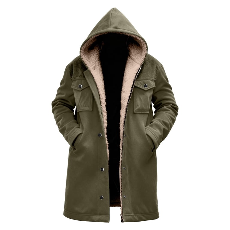 Men's Longline Suede Hooded Jacket, Knee-Length Military Coat with