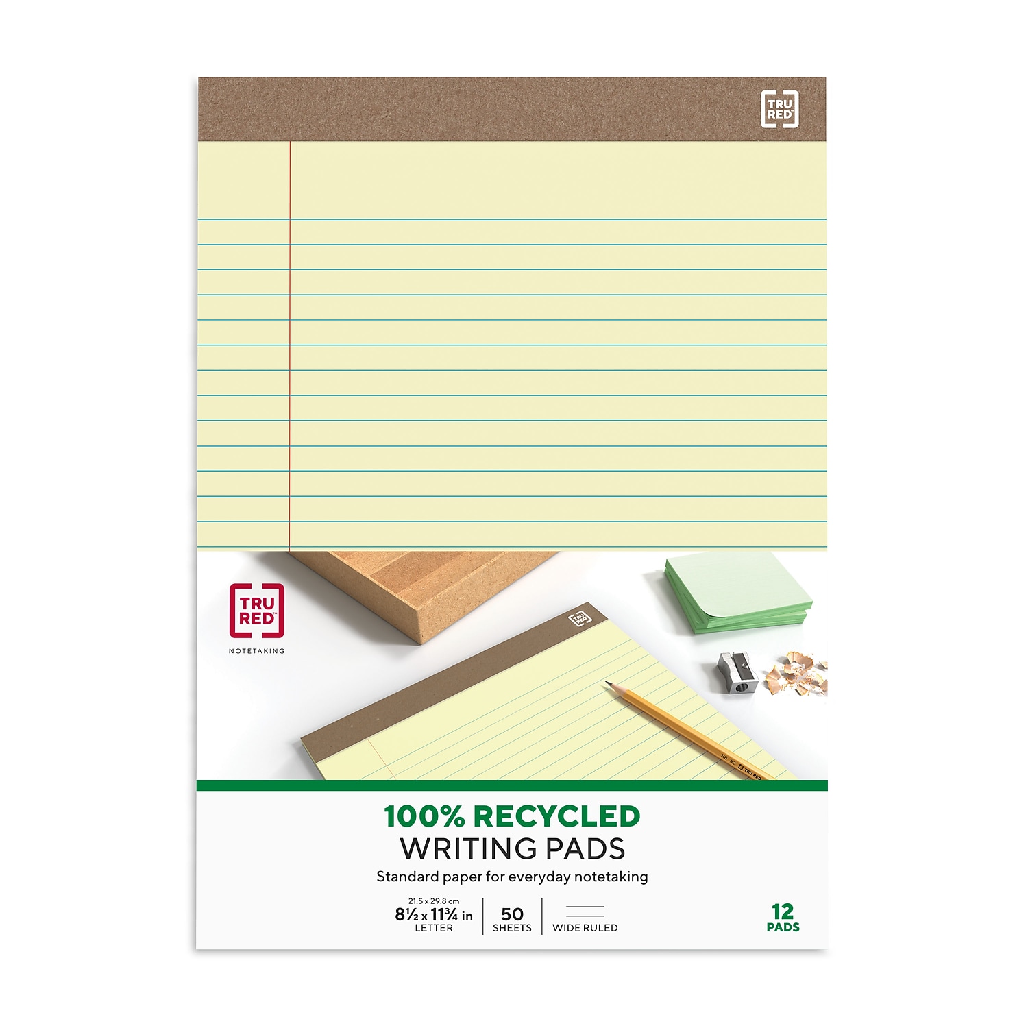 MyOfficeInnovations 100% Recy Perforated Notepads Canary 8-1/2" x 11-3/4" Wide Ruled 12/PK 815592