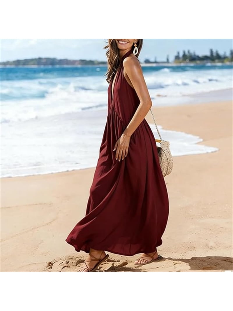 halter neck maxi dress casual meoji 2026 Minimalist Dress, Women's Deep V-Neck Stand Collar Sleeveless Loose with Pockets, Size: 3XL, Red hemlength:To Knee