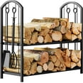 thumbnail image 1 of Fireplace Firewood Log Rack 5-Piece Storage Logs Holder with Tools Set with 4 Tools Set Fireside Holders Wood Lumber Storage Stacking Black, 1 of 9