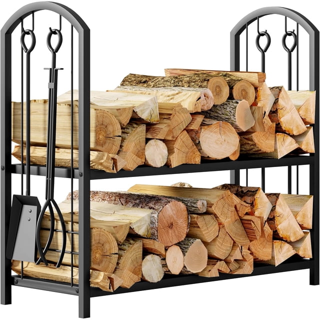 Fireplace Firewood Log Rack 5-Piece Storage Logs Holder with Tools Set with 4 Tools Set Fireside Holders Wood Lumber Storage Stacking Black