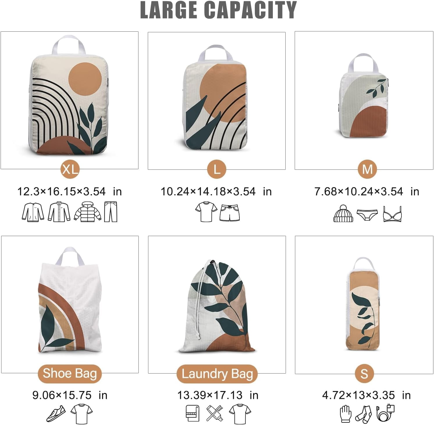 6 Set Boho Compression Packing Cubes Compressed Storage Bags for Carry on Suitcases Packaging Luggage Bags Organizers for Travel