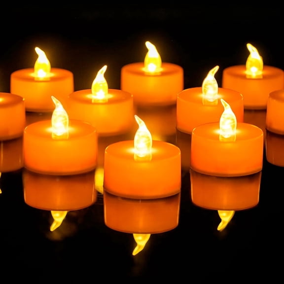 Bxaolu Orange Tea Lights Candles Battery Operated, Flameless Flickering Fake Electric LED Colored Tealights Candles for Party, Wedding, Anniversary, Halloween, Christmas, 24-Pack