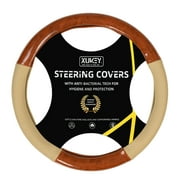 XUKEY Beige Wood Grain Car Steering Wheel Cover 15'' Leather Breathable Anti-Slip Universal