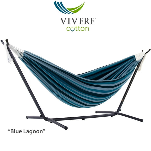 Vivere Double 2-Person Cotton Hammock with Stand and Carry Bag, Blue Lagoon