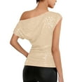 thumbnail image 3 of Womens Off Shoulder Casual Crop Tops Slim Fit Cute Y2K Going Out Tops Shirt Going Out Tops Trendy Cropped Tees Women's One Shoulder Top Pleated Glitter Top Slim Fit Glitter Party Shirt Gold Xl, 3 of 9