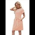 thumbnail image 1 of Vestido Camisero de Verano A Rayas de Corta para Mujer, Informal, con Lazo en la Cintura y Bolsillos, Color Naranja, Talla XL, 1 of 9
