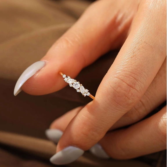 vylahjewellery Dainty Moissanite Wedding Ring 18K Vermeil Yellow Gold Round and Marquise Birthday Gift Ring for Women Minimalist Marquise Diamond Anniversary Promise Ring