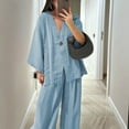 thumbnail image 3 of tasrioml Women's Cotton Linen Two Piece Outfit Long Sleeve V Neck Button Top Wide Leg Pants Casual Loungewear Set, 3 of 7