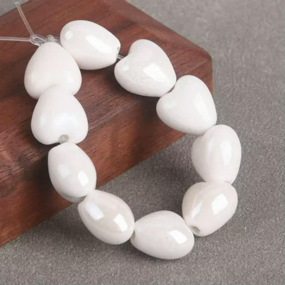 U8MO 10pcs Shiny Glazed Heart 10mm 12mm Ceramic Porcelain Loose Beads For DIY Jewelry-White-10mm