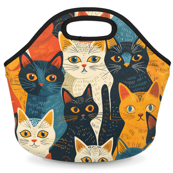 Herdesigns Colorful Cat Insulated Neoprene Lunch Bag for Women Men Lunch Box Washable Reusable Lunch Tote Lightweight Lunch Handbag for Work Outdoor Picnic